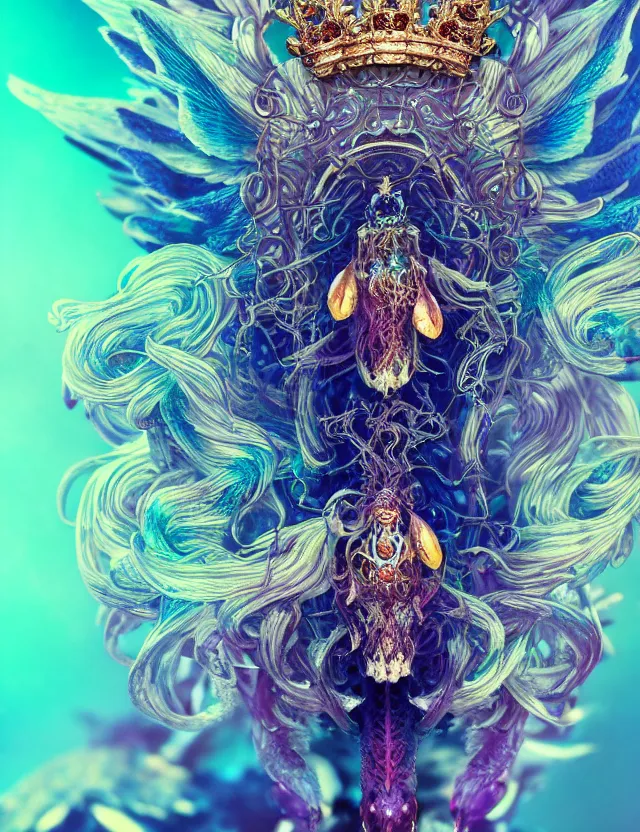 Image similar to goddess phoenix macro close - up portrait with crown made of ram skull. phoenix, betta fish, jellyfish, bioluminiscent, plasma, wind, creature, super intricate ornaments artwork by tooth wu and wlop and beeple and greg rutkowski