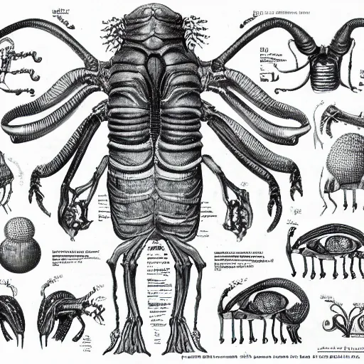 Image similar to encyclopedia of drawing of alien creatures, with organs labeled