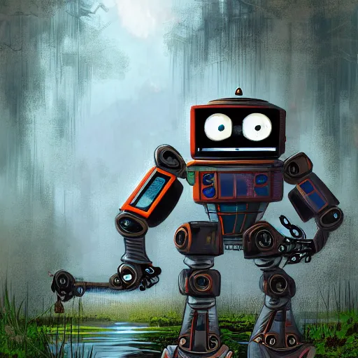 Prompt: ancient robot in a swamp, digital art