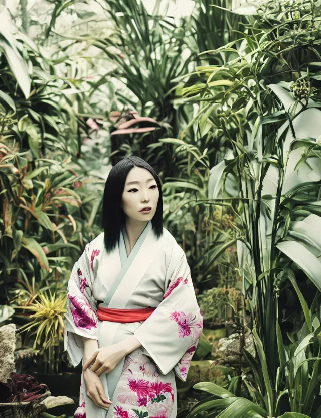 Prompt: fashion photograph of a beautiful Japanese woman wearing a traditional kimono in a tropical orchids greenhouse, by Annie Leibowitz, by Alessio Albi, extremely detailed, large format camera, Fuji Provia film, 85mm lens, bokeh, bokeh, blurred background, photorealistic, trending on instagram, trending on artstation