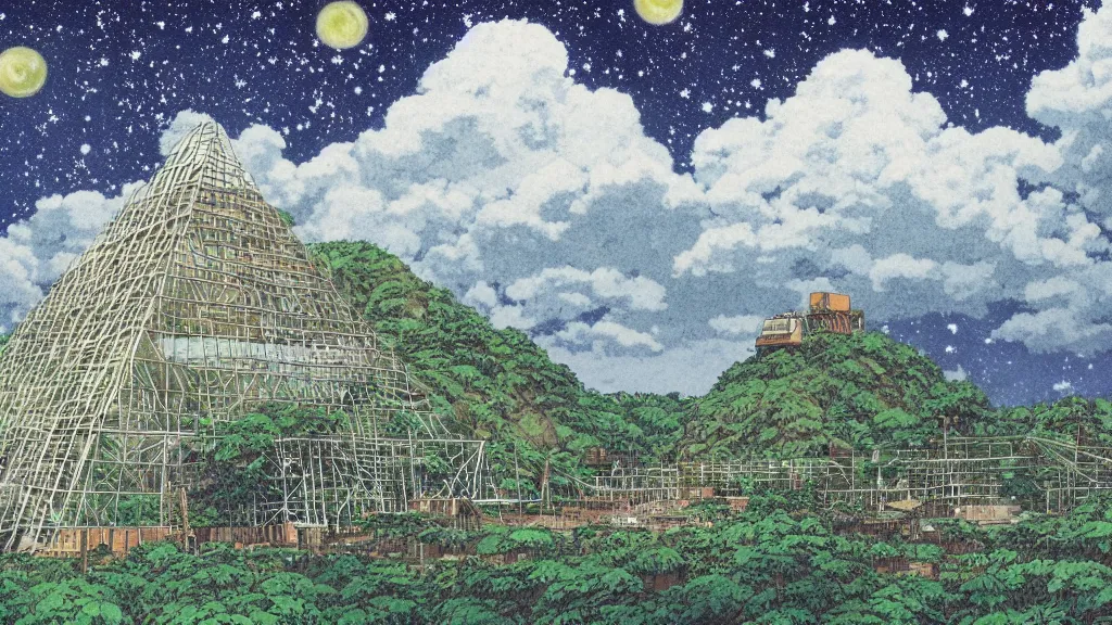 Prompt: a movie still from a studio ghibli film showing an industrial mining runoff storage facility, and a pyramid under construction, in the rainforest on a misty and starry night. by studio ghibli