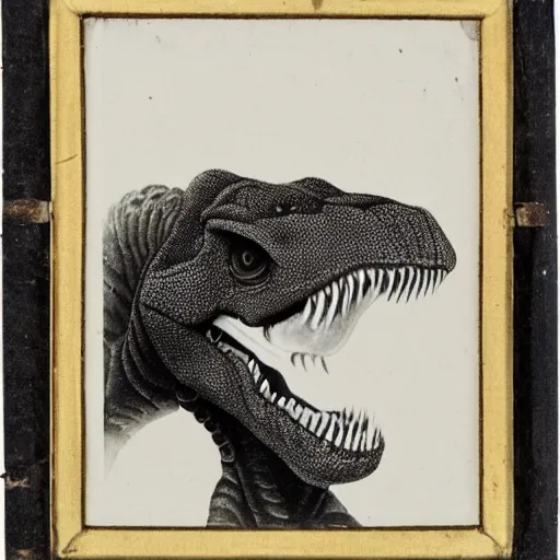 Image similar to a mid 1 8 th century, black and white photograph of a t - rex, portrait, highly detailed