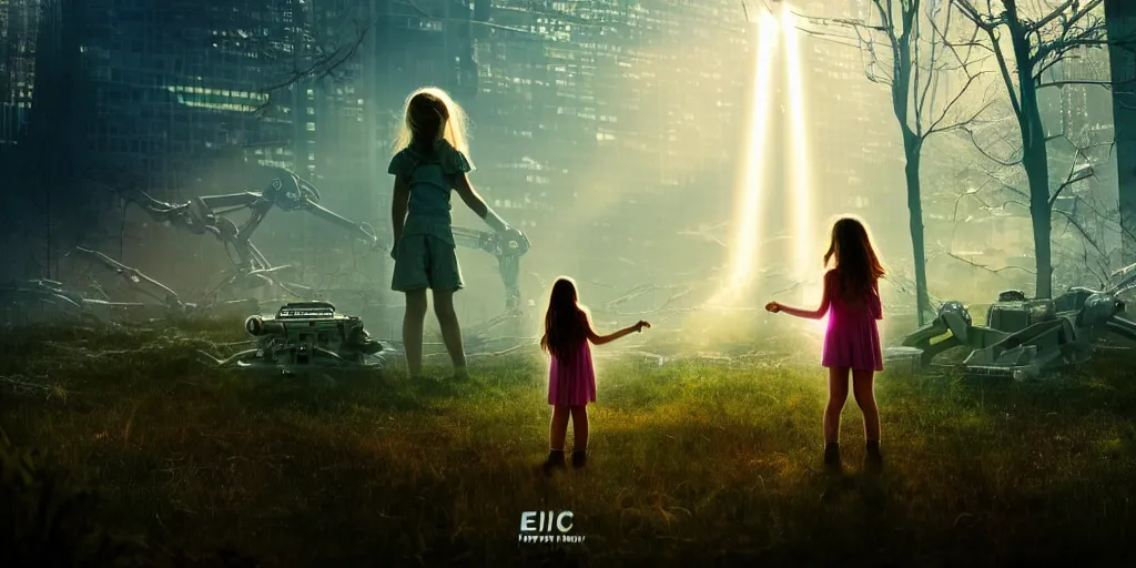 Image similar to sci - fi scene future new york, little girl by herself in the city holding onto the outstretched hand of a giant robot, forest punk, little girl meets robot, crepuscular rays, epic scene, hyper realistic, photo realistic, overgrowth, cinematic atmosphere, ethereal lighting,