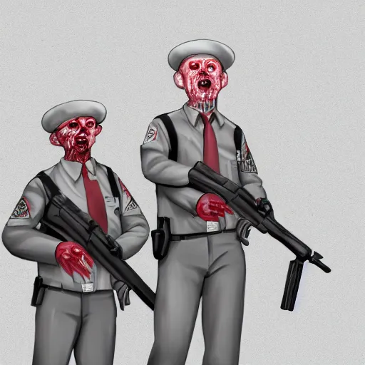 Image similar to zombie security officers ( beige uniform and caps ) ( floating in red spectral aura ) wield uzis in ( brutalist concrete gray office ) trending on artstation high detail concept art digital painting 4 k 8 k hd