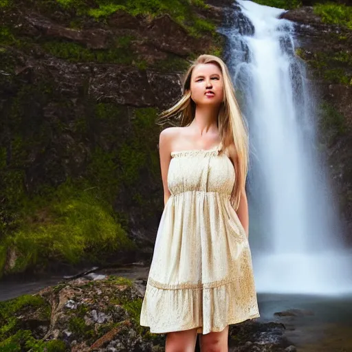 Image similar to beautiful woman in her late 20s wearing a cottagecore summer dress, light blonde shoulder-length hair, standing near a waterfall, 4k digital art, digital painting, highly detailed and intricate