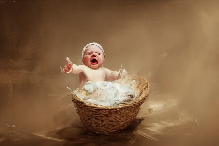 Image similar to epic concept art of a white baby squealing in a basket. by ashley wood and j. m. w. turner, speed painting, photo bash, cinematic angle, super detailing,