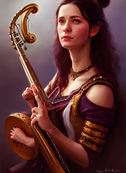 Image similar to a _ fantasy _ style _ portrait _ painting _ of female charismatic bard playing instrument, rpg dnd oil _ painting _ unreal _ 5 _ daz. _ rpg _ portrait _ extremely _ detailed _ artgerm _ greg _ rutkowski _ greg