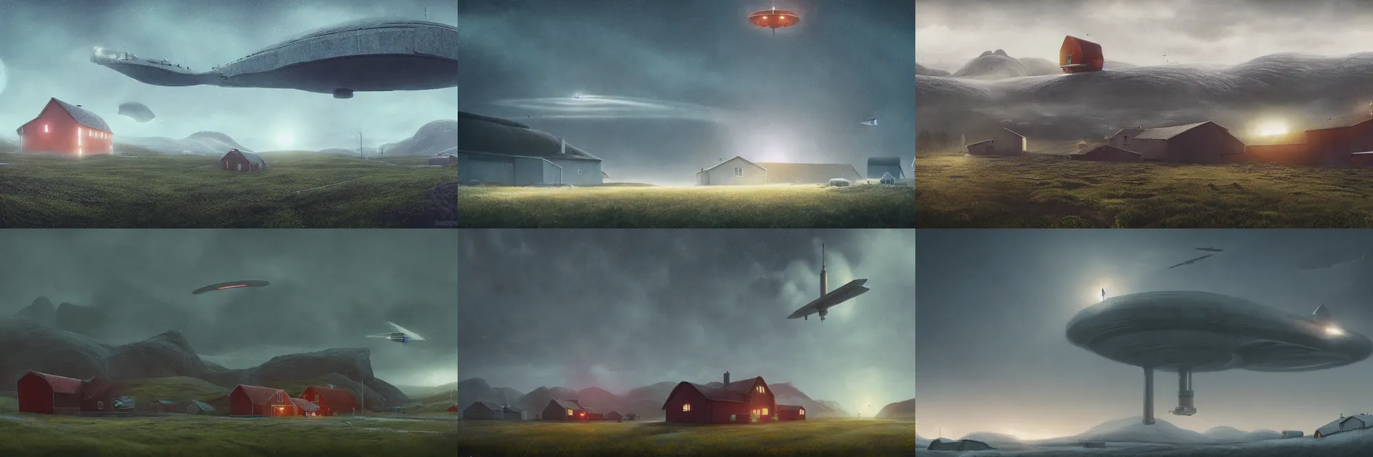 Prompt: In the north of Norway, a large spaceship flies far above a farm with a farmhouse and a stable, dreamy misty matte painting dystopian sci-fi digital art in the style of Simon Stalenhag, featured on Artstation
