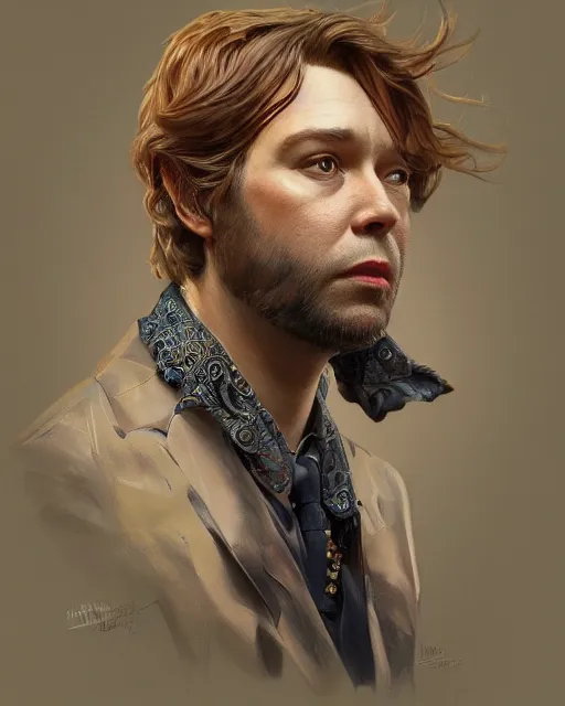 Image similar to character portrait of rufus wainwright, intricate, wild, highly detailed, digital painting, artstation, upper body, concept art, smooth, sharp focus, illustration, art by artgerm and greg rutkowski and alphonse mucha