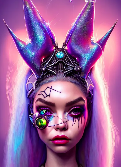 Image similar to disney weta portrait, beautiful gloss porcelain white edm raver clowncore pearl chain horned angel madison beer cyborg woman, bling, sci - fi, fantasy, cyberpunk, intricate, decadent, highly detailed, digital painting, ever after high, octane render, artstation, concept art, smooth, sharp focus, illustration, art by artgerm, loish, wlop