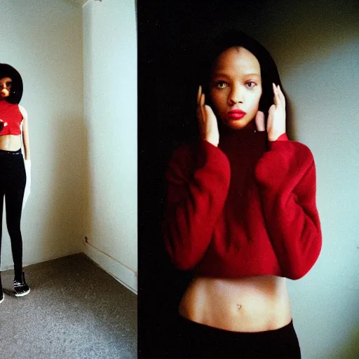 Image similar to realistic! photoshoot for a new vetements lookbook, color film photography, portrait of a beautiful woman, location in a apartment, in style of tyler mitchell, 35mm