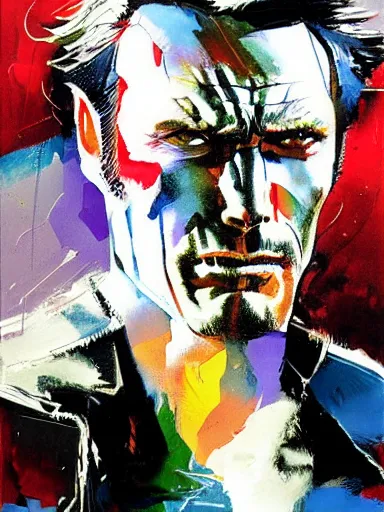 Image similar to clint eastwood by bill sienkiewicz, painting, detailed, hyper-detailed