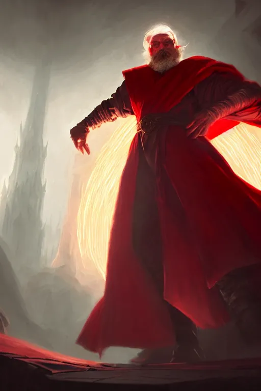 Prompt: evil male sorcerer, library background, the room filled with colorful magic, red robe, epic, white skin, young, sharp, brown hair, beard, concept art, digital art, dynamic lighting, unreal engine, octane, in the styles of greg rutkowski, svetlin velinov and frank frazetta