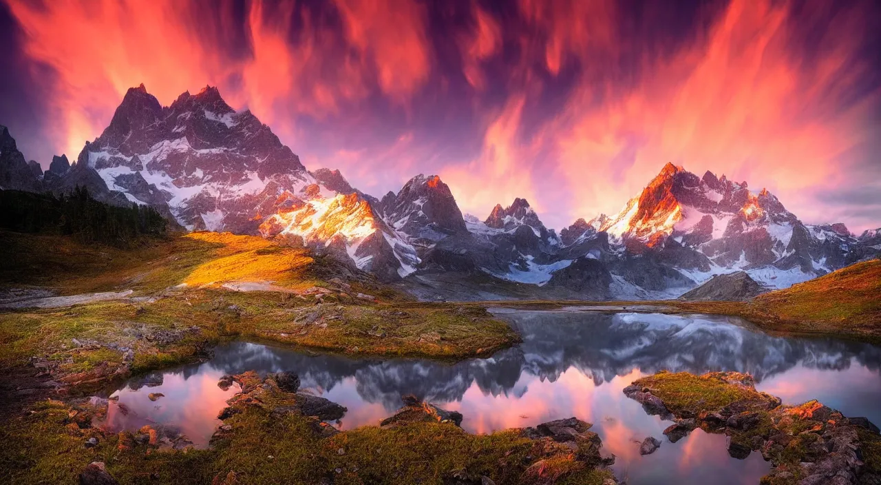 Image similar to amazing landscape photo of mountains with lake in sunset by marc adamus, beautiful dramatic lighting