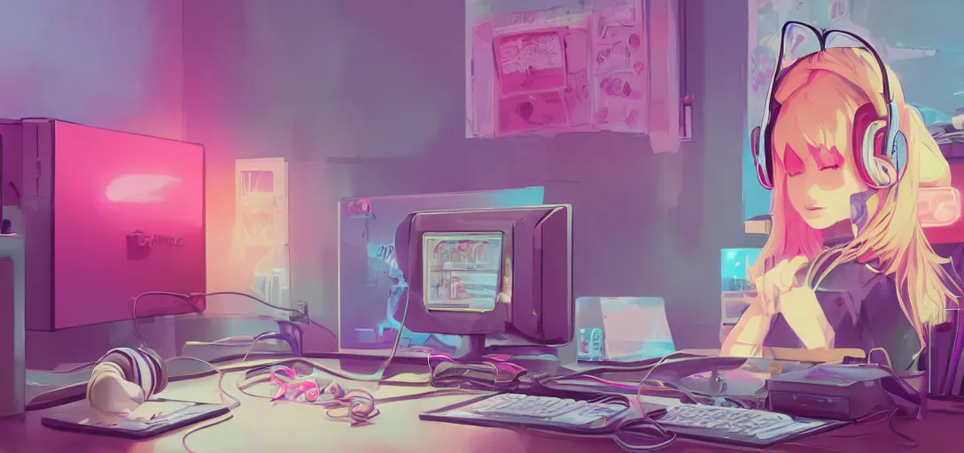 Prompt: a blond woman, pink cat-ear-headphones, sitting in front of computer, gamer, computer nerd, cute room, neon lights, gamer aesthetic, lofi vibes, strong crisp lineart and flat color, by ilya kuvshinov, krenz cushart, Greg Rutkowski, trending on artstation