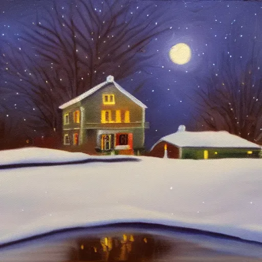 Prompt: oil painting of a small house on a snowy night, christmas lights, full moon