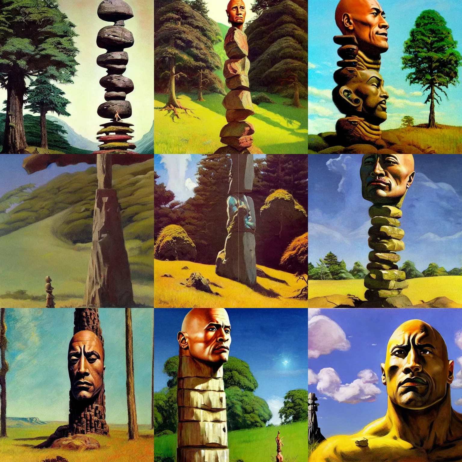 Prompt: fantasy artwork of a dwayne johnson totem in an open field surrounded by trees, frank frazetta, edward hopper, banksy