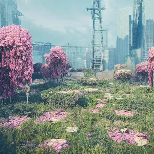 Image similar to A ruined city overgrown by flowers, octane render, 8K, depth of field, By WLOP