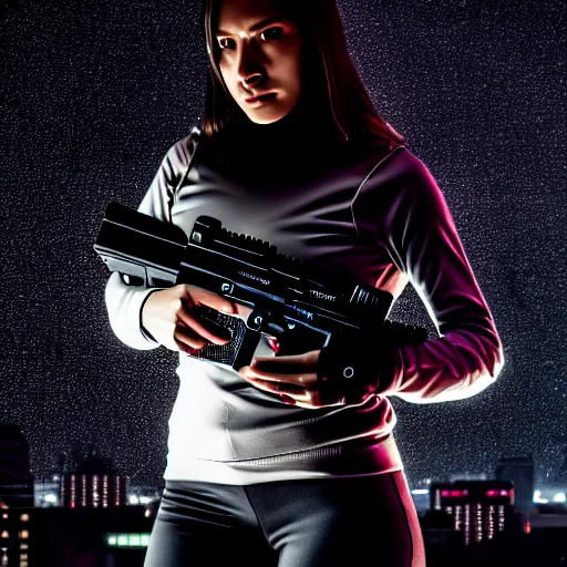 Image similar to photographic portrait of a techwear woman holding a Glock 18, closeup, on the rooftop of a futuristic city at night, sigma 85mm f/1.4, 4k, depth of field, high resolution, 4k, 8k, hd, full color