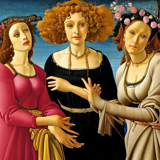 Image similar to oil painting of the Golden Girls by Botticelli, 8k high definition museum quality, beautiful, ornate, Italian renaissance, Medici,