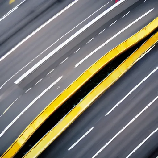 Image similar to banana-shaped car driving on busy highway, drone photograph