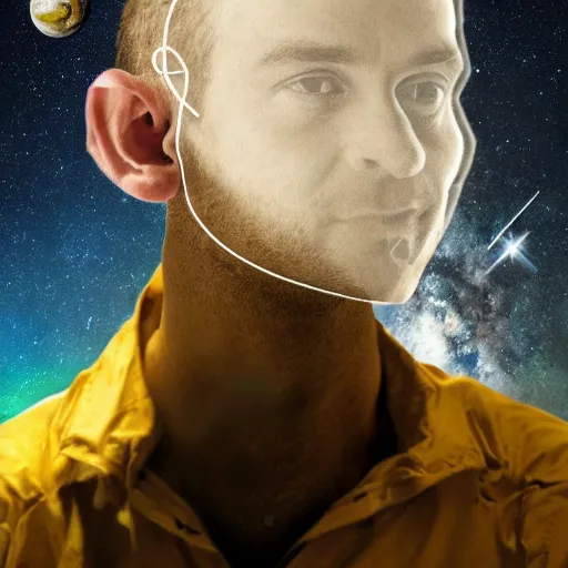 Image similar to double exposure portrait split in the middle, showcasing one astronaut and one chimpanzee in a suit posing with space in the background, pencil art, stars, sharpness, golden ratio