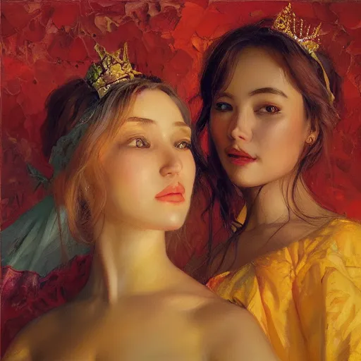 Image similar to Two beautiful queens in illegal marriage, vertical symmetry, warm colors, vintage shading, photorealistic oil painting, by Ilya Repin, artgerm, artstation