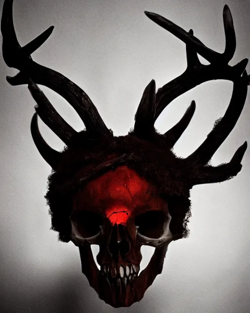 Image similar to deer - skull ghost - spirit of the grim - warpaint wears the scarlet skull armor and native blood headdress antlers, midnight fog - mist!, cinematic lighting, various refining methods, micro macro autofocus, ultra definition, award winning photo, photograph by ghostwave - gammell - giger - shadowlord