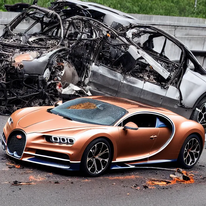 Prompt: a copper bugatti chiron crashed on the m1 motorway, wrecked in flames, detailed photograph, 4k