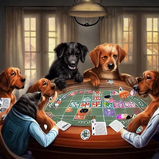 Image similar to dogs playing poker, digital art, artstation, high details