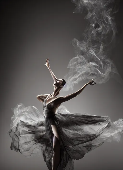 Image similar to a Photorealistic dramatic hyperrealistic render of a glamorous beautiful Female smoke dancer by Ken Brower and Deborah Ory of NYC Dance project,Lois Greenfield,Flowing cloth and smoke,Beautiful dynamic dramatic dark moody lighting,volumetric,shadows,cinematic atmosphere,Octane render,8K