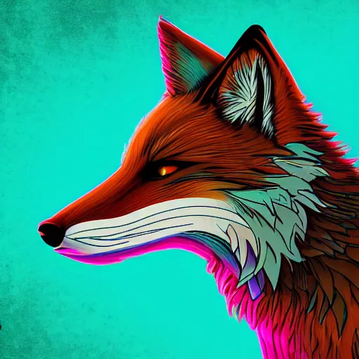 Prompt: digital fox, retrowave palette, corrupted digital world, highly detailed, electric breeze, anatomically correct vulpine, synth feel, fluffy face, ear floof, flowing fur, super realism, accurate animal imagery, 4 k digital art