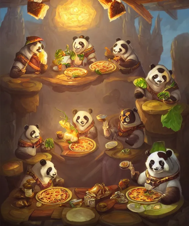 Prompt: a portrait of three anthropomorphic panda mages eating pizza and salad, wearing mage robes, restaurant in background, cute and adorable, dnd character art portrait, well rendered matte fantasy painting, deviantart artstation, by jason felix by steve argyle by tyler jacobson by peter mohrbacher, cinematic lighting