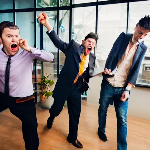 Image similar to unhappy business people throwing computers, screaming yelling, smashing things in their wework office. high resolution color magazine candid photograph.