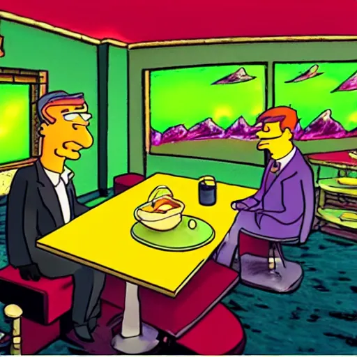 Image similar to scene depicting seymour skinner serving up steamed hams while the aurora borealis reflects in the other room, cartoon, realistic studio lighting, hand sketched colour,