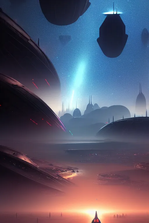 Image similar to emissary space of infinite galaxies and futuristic ground level, sci - fi star wars megacity with dramatic lighting and dramatic sky, 4 k, cinematic cinematography by arthur haas and bruce pennington and john schoenherr, cinematic matte painting, zaha hadid building, photo realism, dark moody color palate, blue hour stars, desolate glacial landscape,