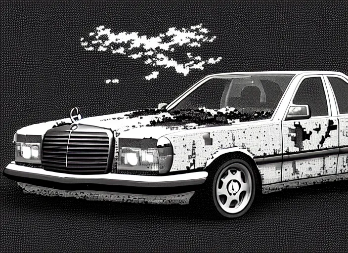 Image similar to burning wrecked mercedes 1 2 4, pixelart, monochrome gameboy, award winning. dramatic. trending on artstation, low resolution sync