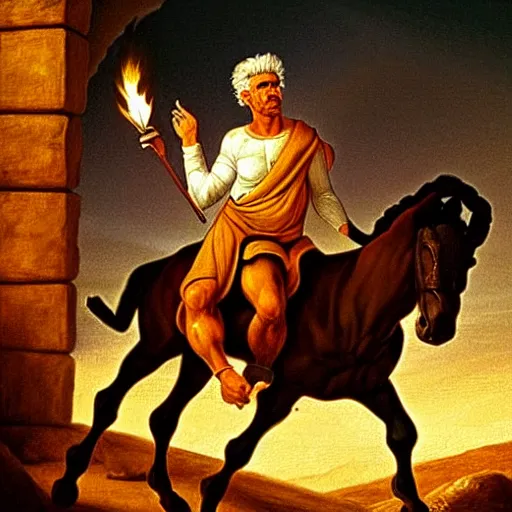 Image similar to painting of yair lapid holding a flaming torch and riding a white mule at the gates of jerusalem, in the style of michaelangelo, intricate, high detail