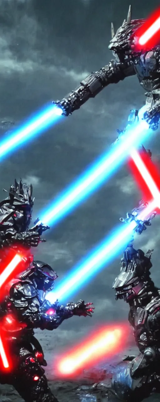 Prompt: Ryu with a lightsaber battling mechagodzilla on saturn's rings, shot by michael bay, 4k, futuristic, cinematography