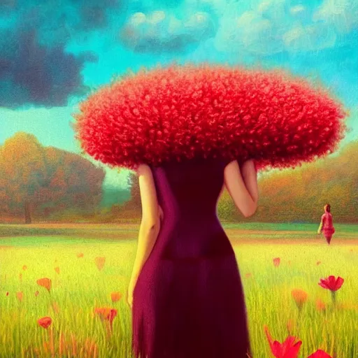 Image similar to giant red flower afro, full body, girl walking in the middle of a field with flowers, surreal photography, hills, sunrise dramatic light, impressionist painting, colorful clouds, digital painting, pointillism, artstation, simon stalenhag