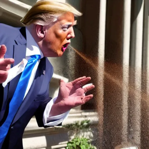 Image similar to donald j. trump spraying chocolate from his hands, chocolate spray landing on liberals