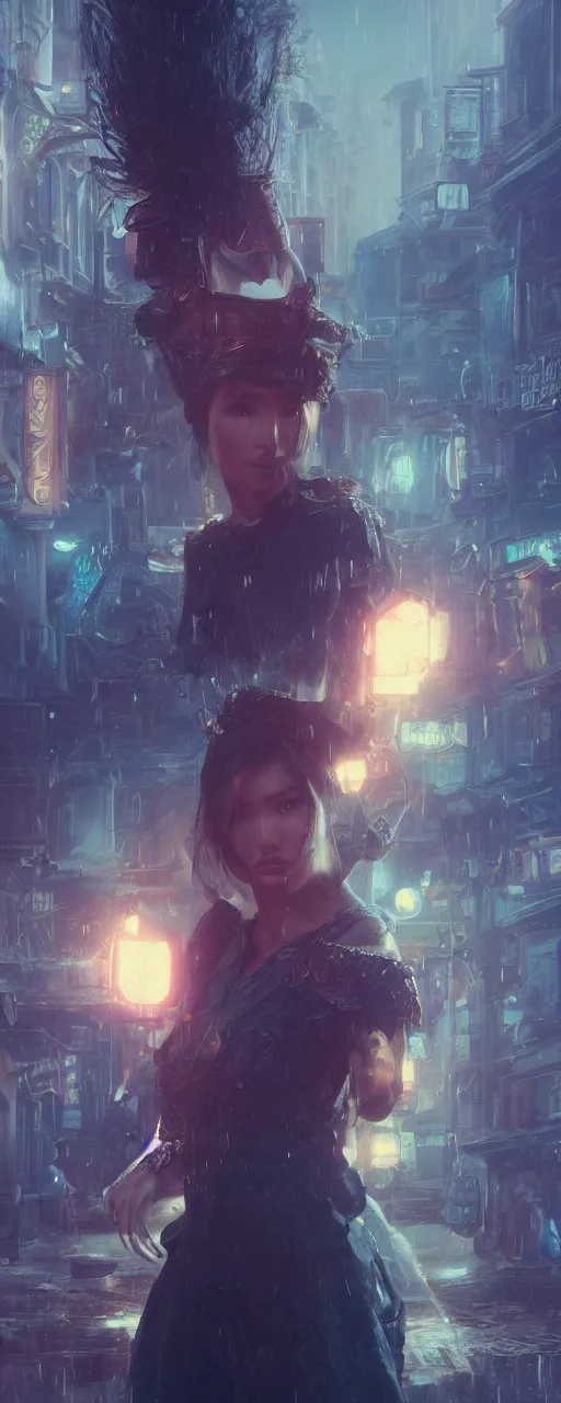 Image similar to portrait of gemma chan tavern bard, intricate face, sad expression, sweat, narrow dark streets with exotic dancers, vaporwave aesthetics, 8 k uhd, unreal engine, octane render in the artstyle of finnian macmanus, john park and greg rutkowski