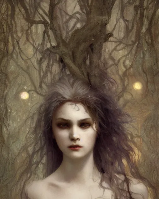 Image similar to a beautiful but sinister and creepy young woman in layers of fear, with haunted eyes, violence in her eyes, crazy white hair, 1 9 7 0 s, seventies, delicate embellishments, a little blood, woodland, moonlight shining on wildflowers, painterly, offset printing technique, by alexandre cabanel