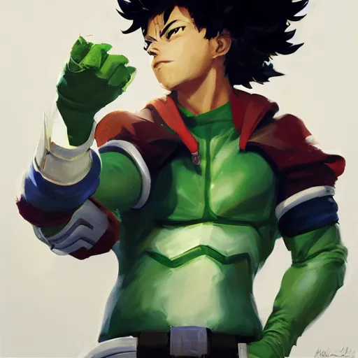 Image similar to greg manchess portrait painting of izuku midoriya as overwatch character, medium shot, asymmetrical, profile picture, organic painting, sunny day, matte painting, bold shapes, hard edges, street art, trending on artstation, by huang guangjian and gil elvgren and sachin teng