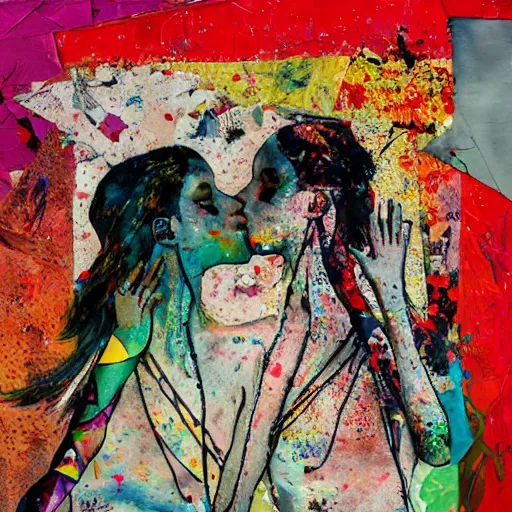 Prompt: two women kissing at a carnival, mixed media collage, futuristic, paper collage, magazine collage, acrylic paint splatters, bauhaus, claymation, layered paper art, sapphic visual poetry expressing the utmost of desires by jackson pollock