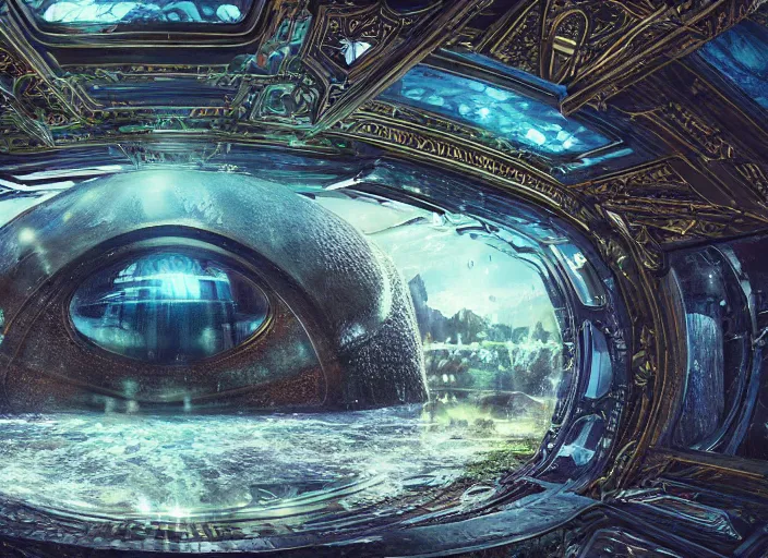 Image similar to abandoned giant ufo on a humongous paradise biome, fantasy, ornate, hyper realism, wet reflections, intricate, digital art, detailed, studio shot, unreal engine 5, octane, high definition, smooth, artstation, behance