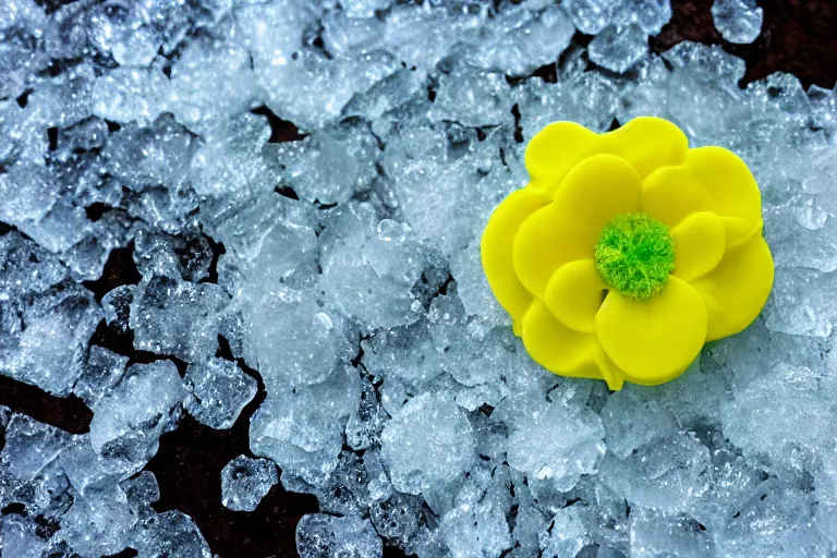 Prompt: frozen yellow flower button covered in thin layer of ice