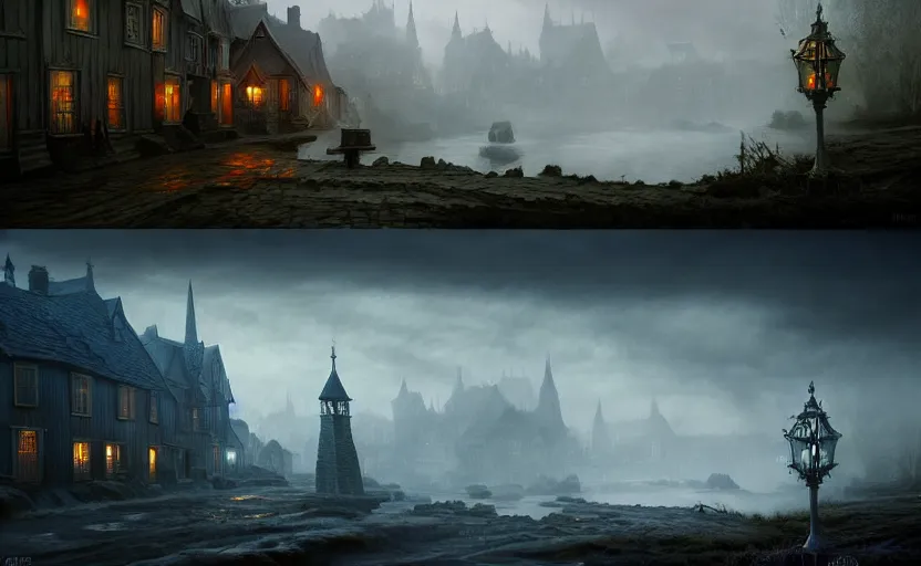 Image similar to extreme long shot concept art depicted an old english mystic town, dramatic mood, overcast mood, dark fantasy environment, art by tony sart and thornton oakley and darek zabrocki, trending on artstation, unreal engine, hyper - real movie shot