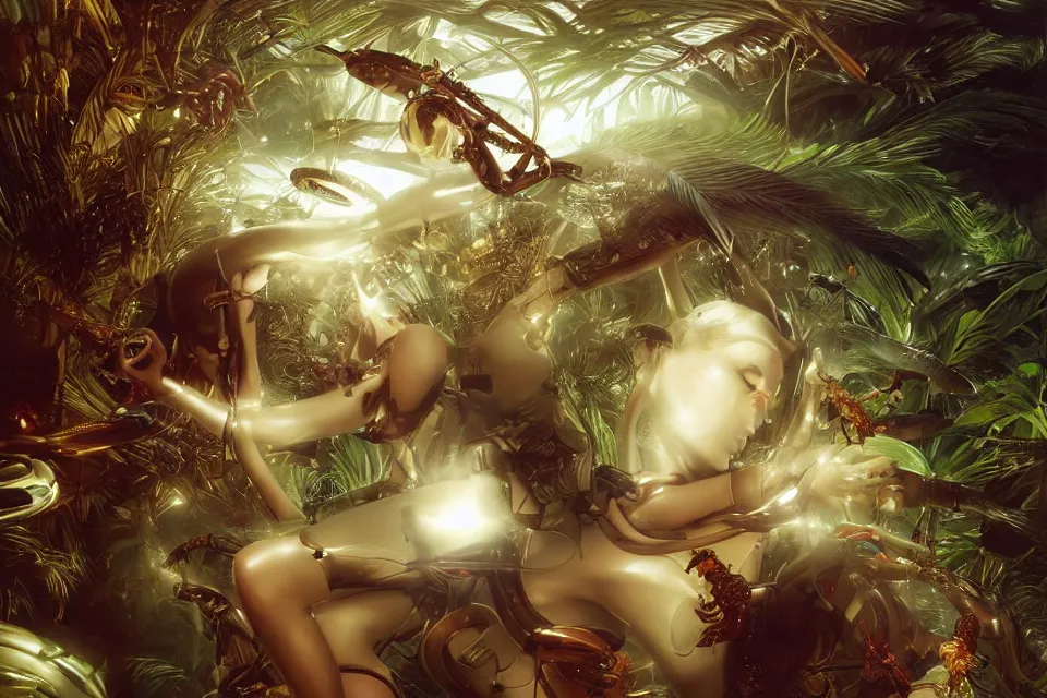 Image similar to an extreme close - up of a cyborg nymph playing with a giant insect surrounded by saxophones, palm trees, jungle fruit, and stylized designer modular chrome eye candy, volumetric light caustics clouds of smoke, by hajime soryama, boris vallejo, bouguereau, mamoru nagano