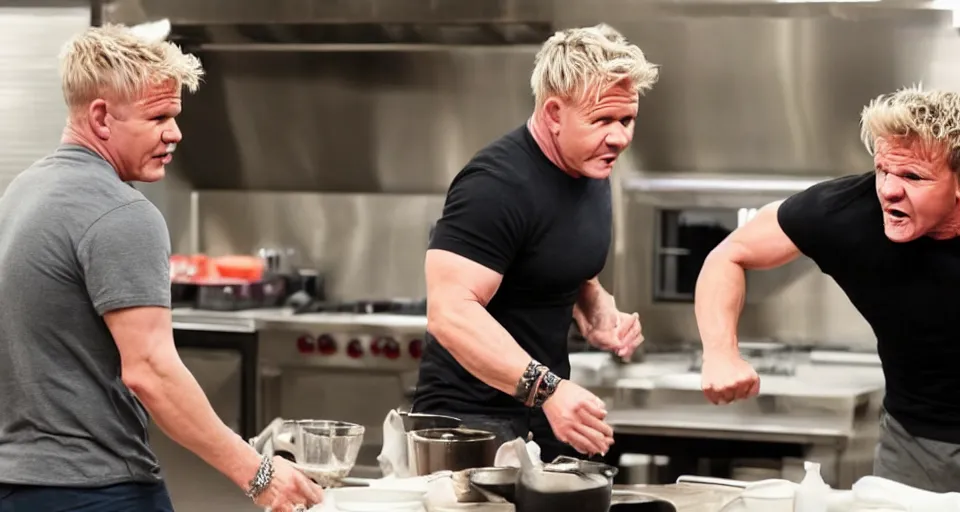 Image similar to photo of angry furious Gordon Ramsay punching Gordon Ramsay at the kitchen